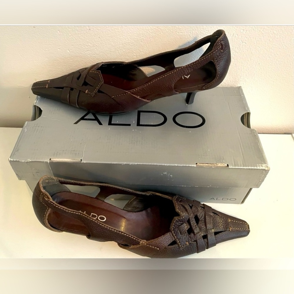 ALDO Vintage Brown Leather Woven Slingback Heels – Size 38 (US 7.5/8)